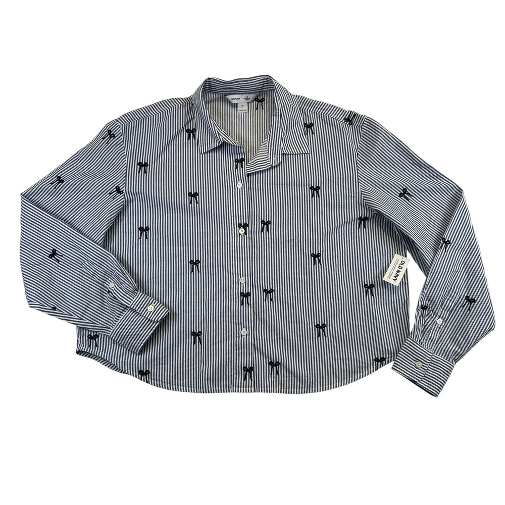 Old Navy Shirt Womens Medium Blue Striped Bow Embroidered Cropped Button Up